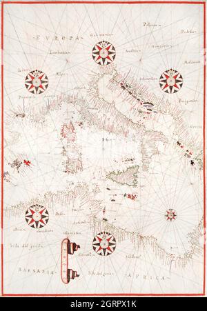 Portolan-Atlas des Mittelmeers, Westeuropas und der Nordwestküste Afrikas: Zentrales Mittelmeer (ca. 1590) von Joan Oliva. Stockfoto