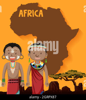 Indigener afrikanischer Stamm mit Karte im Hintergrund Stock Vektor