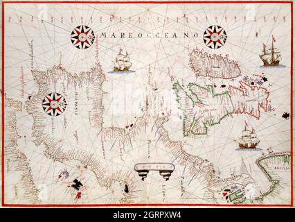 Portolan-Atlas des Mittelmeers, Westeuropas und der Nordwestküste Afrikas: Weltkarte auf ovaler Projektion (ca. 1590) Stockfoto