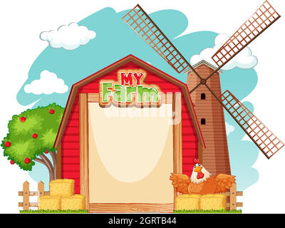 Bordvorlage Design mit rotem Scheune und Huhn Stock Vektor