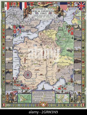 Historische Karte - American Expeditionary Force Europe - 1. Weltkrieg - Karte von Europa Stockfoto