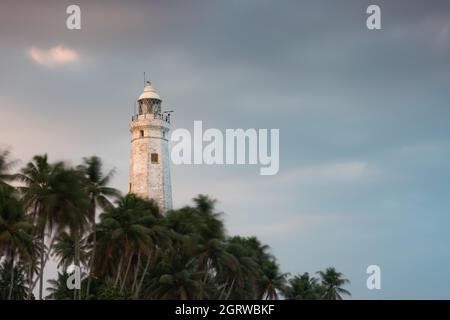 Weißer Leuchtturm Dondra Head und tropische Palmen. Blick auf den Leuchtturm in der Dämmerung, Sri Lanka, in der Nähe von Matara. Stockfoto