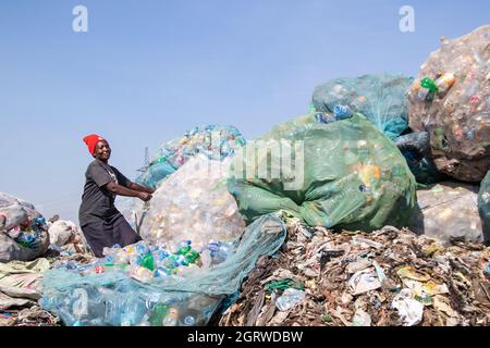 Nakuru, Kenia. Oktober 2021. Eine Frau wird gesehen, wie sie Plastikflaschen auf dem Gioto-Mülldeponie sortiert, um sie in eine Recycling-Einrichtung in der Nähe zu bringen.das wachsende Problem, dass Plastikabfälle in die Umwelt kommen, wird zunehmend zur Sorge und Umweltschützer fordern mehr Investitionen in die Infrastruktur, um Kunststoff zu recyceln, um den Kreislauf zu fördern Wirtschaft und Verringerung der Plastikverschmutzung. Sie fordern die Regierung auch auf, ein obligatorisches Deposit- und Erstattungssystem (DRS) einzuführen, das den Getränkeflaschen aus Kunststoff, die gemeinhin als Haustier (Polyethylenterephthalat) bekannt sind, einen Wert verleiht. Anzahlung Erstattung sc Stockfoto