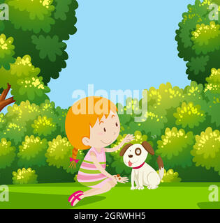 Mädchen spielt mit Hund im Garten Stock Vektor