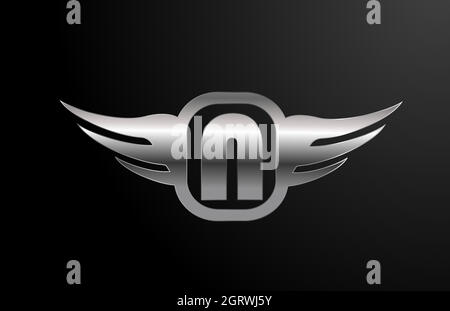 N-Buchstaben-Logo-Alphabet für Unternehmen und Unternehmen mit Flügeln und silberner Farbe. Corporate Schriftzug und Umschrift mit Metalldesign-Ikone Stock Vektor