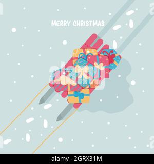 Geschenkboxen im Schlitten. Weihnachten Grußkarte Illustration. Weihnachtsposter für das neue Jahr Stock Vektor