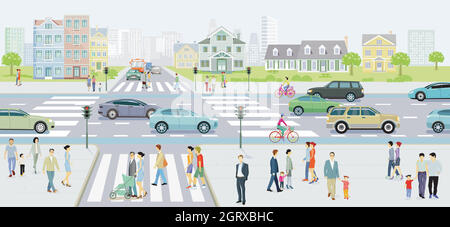 City Silhouette mit Straßenverkehr und Fußgängern auf dem Zebrastreifen, Illustration Stock Vektor