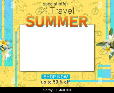 Vector-Reisesbanner. Sommerreise-Tourist-Banner mit Kopierraum und handgezeichneten Elementen, Frangipani-Blumen. Stock Vektor