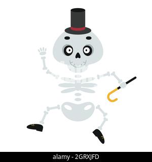 Witziges tanzendes Skelett in Hut, Schuhen und mit Stock. Cooler Druck mit Monster für Kinder Schulbedarf, Grußkarte, Urlaubsverpackung. Mascot Stock Vektor