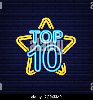 Top 10 - Top Ten Gold mit blauem Neon-Label auf schwarzem Hintergrund. Vektorgrafik. Stock Vektor