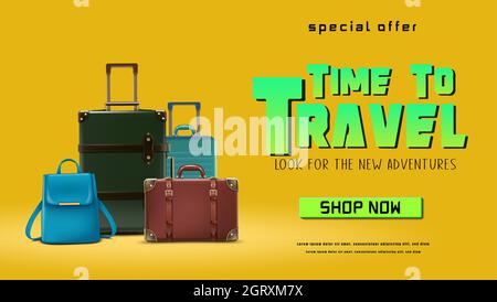 Vector-Reisesbanner. Sommer Reise Zeit zu reisen Konzept Hintergrund mit Gepäck. Stock Vektor
