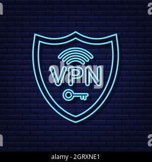 Sicheres VPN-Verbindungskonzept. Übersicht über die Konnektivität des virtuellen privaten Netzwerks. Neon-Style. Vektorgrafik. Stock Vektor