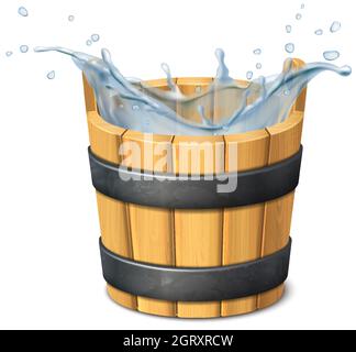3D-realistisches Vektorsymbol. Wasser. Wasserspritzer. Rustikaler Eimer aus Holz. Isoliert auf weißem Hintergrund. Stock Vektor