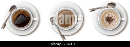 3d realistische Vektor-Set von weißen Kaffeetassen für Café und Restaurant Drink-Menü, Americano, Cappuccino, schwarzen Kaffee. Stock Vektor