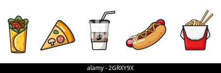 Vektor bunte Ikone von Burrito, Pizza, Kaffee, Hot Dog, Wok-Box. Isoliert auf weißem Hintergrund. Stock Vektor