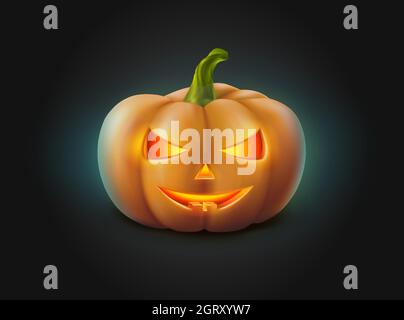3d realistischer Vektor Halloween Kürbis mit leuchtendem Gesicht im Dunkeln. Stock Vektor