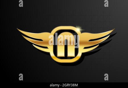 N Gold Buchstaben Logo Alphabet für Unternehmen und Unternehmen mit gelber Farbe. Corporate Brading und Schriftzug mit goldenem Metalldesign und Flügel Stock Vektor