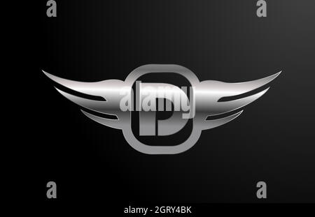 D-Buchstaben-Logo-Alphabet für Unternehmen und Unternehmen mit Flügeln und silberner Farbe. Corporate Schriftzug und Umschrift mit Metalldesign-Ikone Stock Vektor