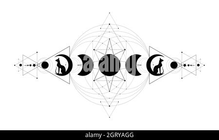 Mystische Mondphasen, Heilige Geometrie. Dreifacher Mond und schwarze Katzen, heidnische Wiccan Göttin Symbol, Silhouette Wicca Banner Zeichen, Energie Kreis, das Rad Stock Vektor