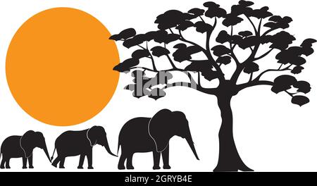 Elefanten Silhouetten in Afrika, Vektor. Familienelefanten Silhouetten und Baum Illustration auf Sonnenuntergang, Illustration isoliert auf weißem Hintergrund Stock Vektor