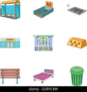 Infrastruktur der Stadt Ikonen gesetzt, Cartoon-Stil Stock Vektor