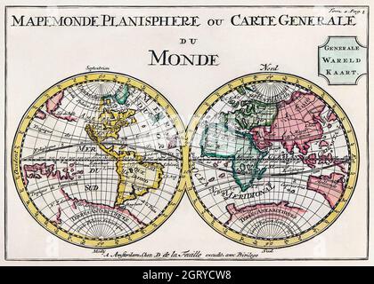 Wereldkaart Mapemonde planisphere ou carte generale du monde (1735) von Daniel de Lafeuilledelete. Karte der Welt. Stockfoto