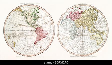 New World, OR, Western Heworld; Old World, or Eastern Heworld (1790) von William Faden. Karte der Welt. Stockfoto