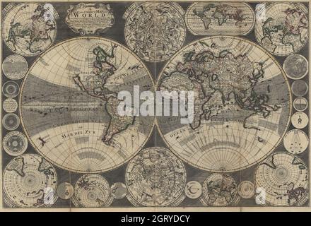 Vintage World Map - Karte mit zwei Hemisphären, illustriert mit einer himmlischen Planisphäre, den verschiedenen Systemen von Ptolomie, Kopernikus und Tycho Brahe. 1702. Stockfoto