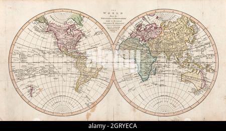 Vintage World Map - zwei Hemisphären Karte der Welt. Die Welt von den Entdeckungen und Beobachtungen, die in den neuesten Reisen und Reisen gemacht wurden. 1807. Stockfoto