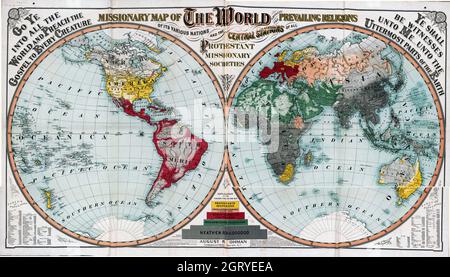 Vintage World Map - zwei Hemisphären Karte der Welt. Missionskarte der Welt mit den vorherrschenden Religionen der verschiedenen Nationen. 1902. Stockfoto