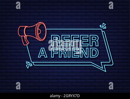 Neonsymbol für Freunde empfehlen. Geschäftserfolg. Neonsymbol. Vektorgrafik. Stock Vektor