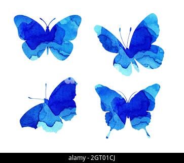 Aquarell-Illustrationen von schönen blauen Silhouetten von Schmetterlingen. Insektenfallen. Aquarell-Blots, Schmetterlinge. Isoliert auf Weiß. Von Hand gezeichnet Stockfoto