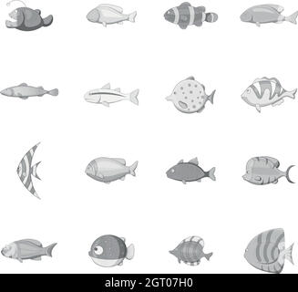 Verschiedene Fischsymbole eingestellt, monochromer Stil Stock Vektor