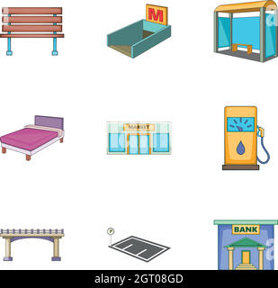 Elemente Symbole Stadtset, Cartoon-Stil Stock Vektor