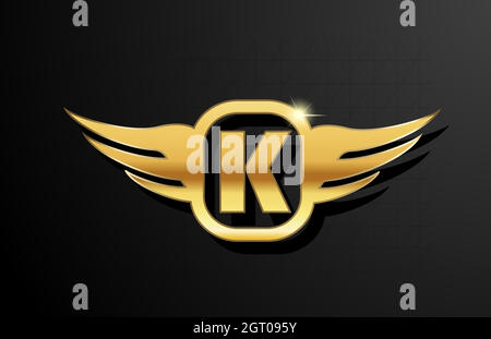 K Gold Buchstaben Logo Alphabet für Unternehmen und Unternehmen mit gelber Farbe. Corporate Brading und Schriftzug mit goldenem Metalldesign und Flügel Stock Vektor