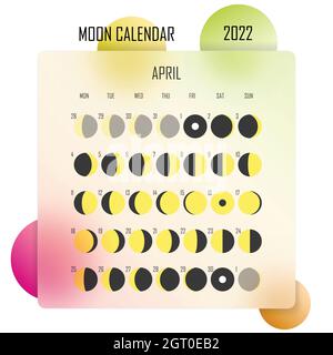 April 2022 Mondkalender. Astrologisches Kalenderdesign. planer. Platz für Aufkleber. Modell des Monatszyklus-Planers. Isolierte bunte Glasmorphismus Stock Vektor