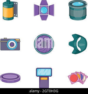 Fotografie Ausrüstung Ikonen gesetzt, Cartoon-Stil Stock Vektor