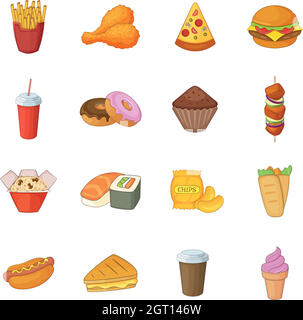 Fast-Food Icons Set, Cartoon-Stil Stock Vektor