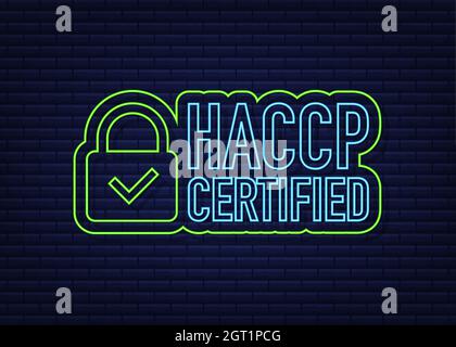 HACCP-zertifiziertes Symbol auf dunklem Hintergrund. Neonsymbol. Vektorgrafik. Stock Vektor