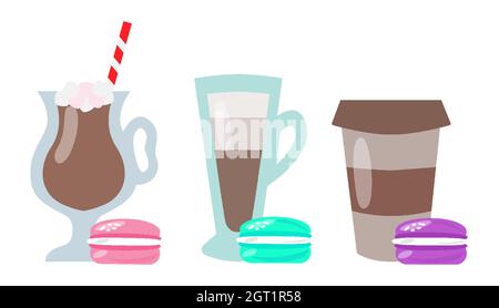 Kaffeegläser mit Flüssigkeit für Latte, Cappuccino mit Stroh, Kakao mit pastellfarbenen Makronen und Marshallset. Glas und Papier. Umweltfreundliches Konzept. Banner und Poster für Café. Vektorgrafik Stock Vektor