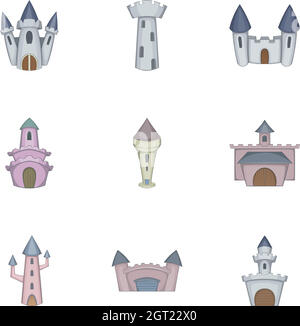 Burg Turm Icons Set, Cartoon-Stil Stock Vektor