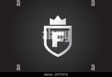 Logo-Symbol für Buchstaben des F-Alphabets in Grau und Schwarz. Schild-Design für die Unternehmensidentität mit Königskrone Stock Vektor