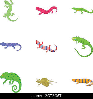 Verschiedene Art von Eidechsen Symbole gesetzt, Cartoon-Stil Stock Vektor