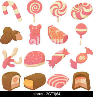 Süßigkeiten und Bonbons Symbole, Cartoon Stil Stock Vektor