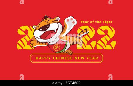 Happy Chinese New Year 2022 mit Cartoon niedlichen Tiger spreizte Arme fliegen hoch. Übersetzen: Tiger Stock Vektor