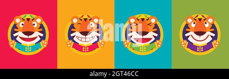 Set von flachen Design Cartoon niedlichen Tiger mit lustigen Gesichtern tragen traditionelle chinesische Kostüm feiert chinesisches Neujahr auf buntem Hintergrund Stock Vektor