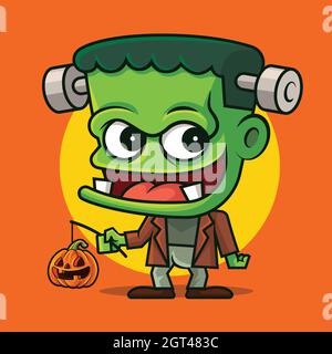 Cartoon niedlichen grünen Monster hält orange Kürbis Laterne für die Feier Happy Halloween Stock Vektor
