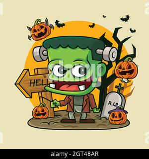 Cartoon kleines grünes Monster hält Kürbis Laterne mit kleinen Geist Kürbisse auf gruseligen halloween Hintergrund Stock Vektor