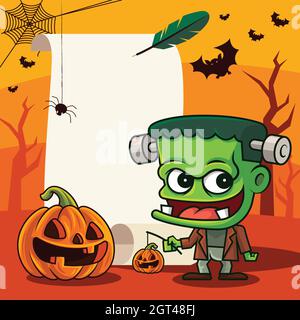 Cartoon niedlichen grünen Monster hält Kürbis Laterne mit lachendem Kürbis auf leere vintage scroll und Feder Stift. Gruselige Halloween Hintergrund Stock Vektor