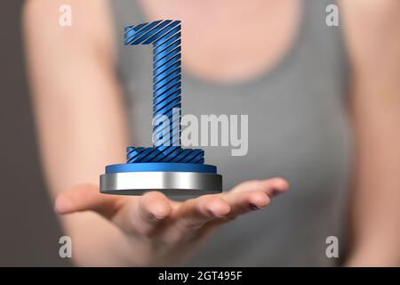 3D-Rendering der Nummer 1 auf menschlicher Hand – Konzept für den 1. Platz Stockfoto